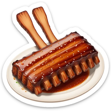 Cinematic Realistic Barbeque Ribs Dish Emoji, depicted as succulent, slow-cooked ribs with a sticky smoky glaze rendered with rich textures and dynamic, appetizing lighting. sticker