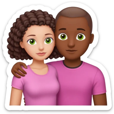 couple cuddling. Girl with dark skin, brown eyes, waist length long curly hair, wearing a pink top. Guy with white skin, green eyes buzz cut, in a white T-shirt.  sticker