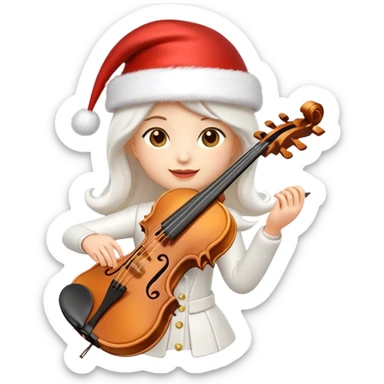 A sleek, elegant, pure white animated violin emoji wearing a festive New Year hat on top, sparkling details, soft glow, premium cartoon style, high resolution, 3D-like shading, cheerful and cute, perfect for Telegram sticker or emoji, minimalistic background sticker