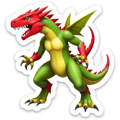 Cool edgy shiny Guilmon-Flygon-Tyranitar-Drudigon-Digimon-hybrid-fusion, yellow belly, full body sticker