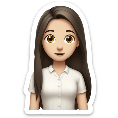 A fair-skinned young girl with blue eyes and long dark brown hair. She is wearing a white blouse and has a facial expression that reflects embarrassment, shyness, and cuteness. Something similar to the "🥹". sticker