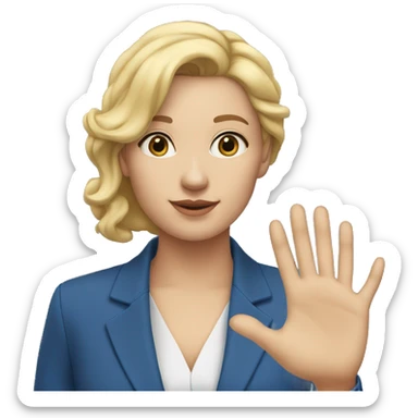 a woman with blonde hair and flesh-colored skin in a blue suit saying goodbye with her hand sticker