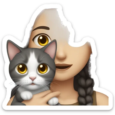 Girl with long dark brown hair and blue eyes holding a gray cat with yellow eyes sticker