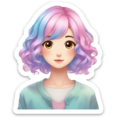 Gorgeous anime style shojo character with blushing face aesthetic and pretty colorful shiny gradient pastel hair with hair garment trending style sticker