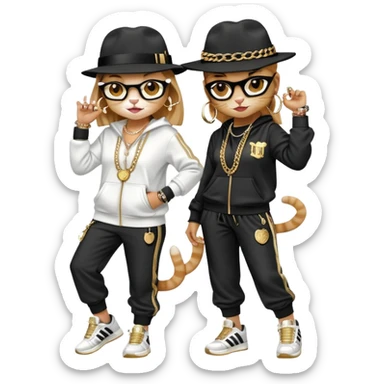 female cat wearing Run DMC hip-hop outfit with tracksuit, fedora, Adidas sneakers, many gold chains, rings, bracelets, flashy earrings, dancing with a friend, no sunglasses sticker