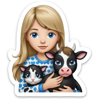 Apple-style emoji sticker of a young woman with long dark blond hair and bang, blue eyes , holding a cat black and white like a cow patch on her chest.  sticker