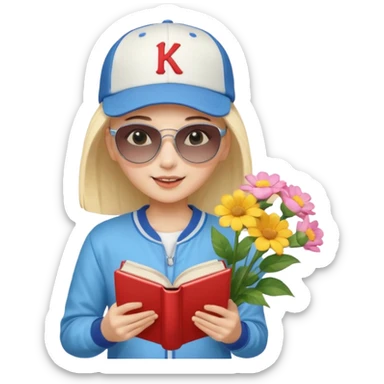 ["A happy girl with light skin, bald, wearing a baseball cap and sunglasses, dressed in K-pop fashion, is reading a book while holding a flower bouquet."] sticker