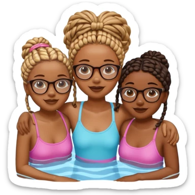 3 black girls im the pool having fun, one is tall caramel skin and slim with glasses and coller bone mini twists, the other is dark skin with no glasses and neck shoulder length mini twists and the last girl is short and chubby with box braids and no glasses  sticker