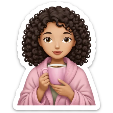 woman with medium tan sand tone, black mid length 3b curls, closed eyes, feminine face, holding soft pink coffee cup with beige blanket over shoulders sticker