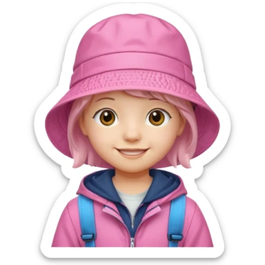 Little student wears pink bucket hat and jacket, backpack, happy sticker
