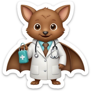 A friendly bat wearing a small white doctor's coat and a stethoscope, with a playful smile and tiny medical bag, in a simple cartoon style. sticker