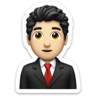 Boss, white skin, black hair, brown eyes, black jacket with red tie. speek sticker