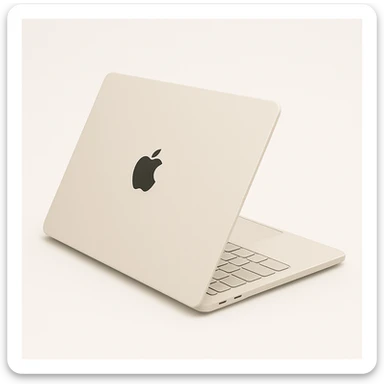 Remove all spots from the image. Show a light beige MacBook viewed from half side angle, clearly displaying both the keyboard and the Apple logo on the back cover. The style should reflect modern minimalism and be in the style of iOS, without any emojis. sticker