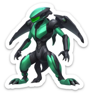 a shiny black-green Genesect-Raptor-Fakémon—hybrid with a futuristic visor-helmet full body sticker