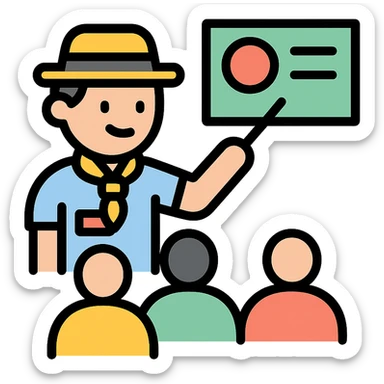 color outline icon of a travel guide giving a talk to a group of people, clear details of the guide and the group sticker