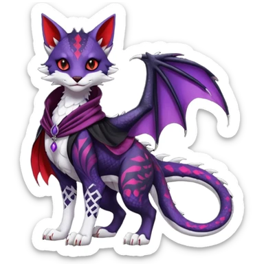 Kawaii feral, four-legged gothic dark badass black, red, purple, beautiful pretty elegant divine edgy feline-vernid-sergal-Haku-dragon-fursona-animal-creature, full body, with intricate detailed markings, silken shawl sticker