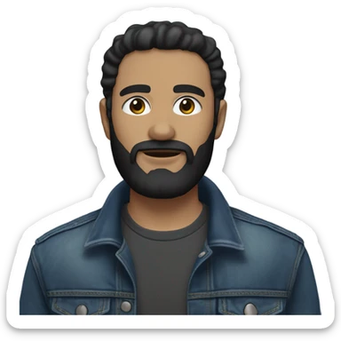 person with a black beard. No moustache. White skin tone. Nice black hair. Denim dark blue jacket sticker