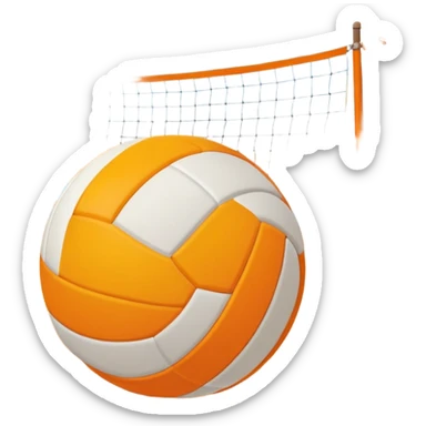 The scene captures a sunny sea beach atmosphere with clear blue sea and sky, palm trees swaying. A volleyball resting on the orange sand ground of a beach, with a volleyball net in the background.  sticker