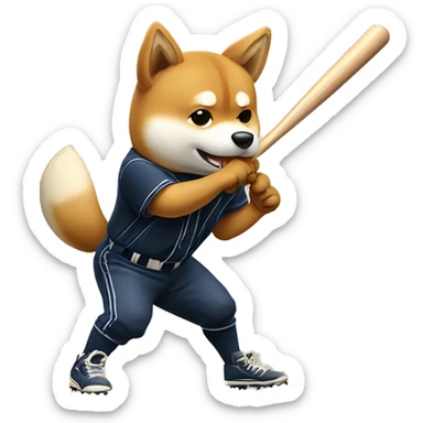 a cute shiba inu swings a baseball bat. but it was a swing strikeout situation. sticker