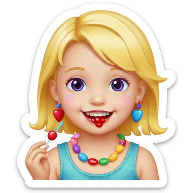 A toddler with candy necklace, grinning with colorful sugar stains on her mouth. sticker