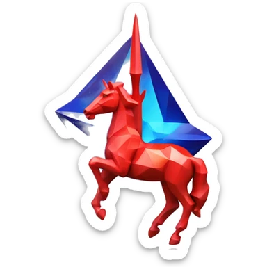 A Sagittarius sculpture with a geometric, faceted design. The Sagittarius is standing upright with angular and baroque features. The vibrant red with blue accent flame colors highlights the sharp edges and planes. sticker