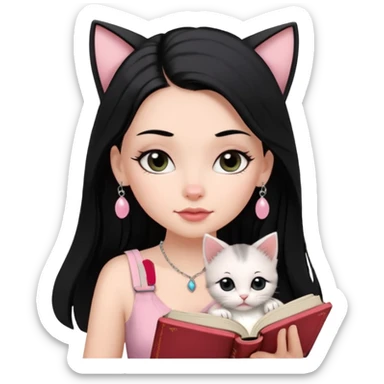 Menina branca ,cabelos pretos longos, olhos pretos puxados para cima. Cílios longos, lábios grossos ,nariz pequeno ,vestido rosa claro de alça. Colar e brinco bem pequeno. Lendo um livro com gatinho preto e branco. sticker