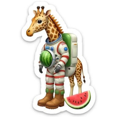 a round watermelon body with only the head of a giraffe sticking out, wearing brown boots and an astronaut helmet sticker