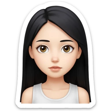 Smooth skin, soft shading, large expressive eyes, natural makeup. 
Long straight black hair, center part. 
Minimalistic and cute facial expression. 
White sleeveless top. 
Bright studio lighting, plain white background. 
High resolution, polished, modern, simple aesthetic. sticker