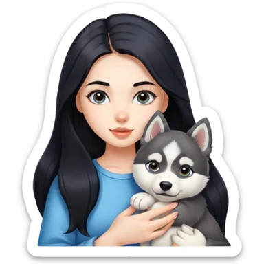 beautiful girl with long black hair holding a cute husky puppy sticker