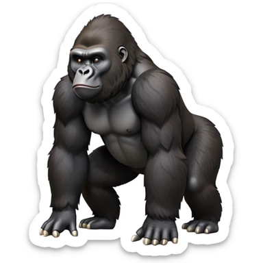 cinematic-gorilla-realistic-full-body-on-all-fours-emoji,-exuding-strength,-thick-dark-fur-in-the-light,-head-tilted-dramatically,-deep-friendly-eyes-filled-with-intense-intelligence,-simplified-yet-realistic-focused-features,-highly-detailed, zoomed out friendly  sticker