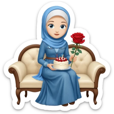 Turkish beautiful finish Konya girl blue eyes with denim hijab long tail dress and sits on the white chair and holds rose cake with her hand  sticker
