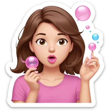 A digital illustration of a cartoon-style woman with shoulder-length brown hair, wearing a pink shirt. She is blowing a pink bubble gum bubble while playfully twirling a strand of her hair with her fingers. Her facial expression is relaxed and carefree. The background is plain white *3d emoji* sticker