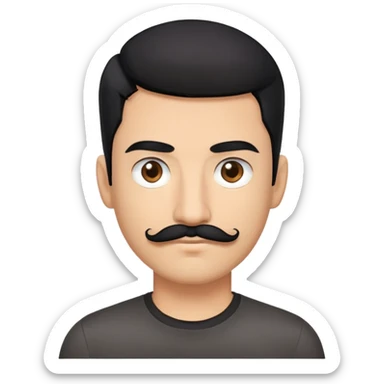 tech bro with black hair, black mustache, brown eyes. black shirt. sticker