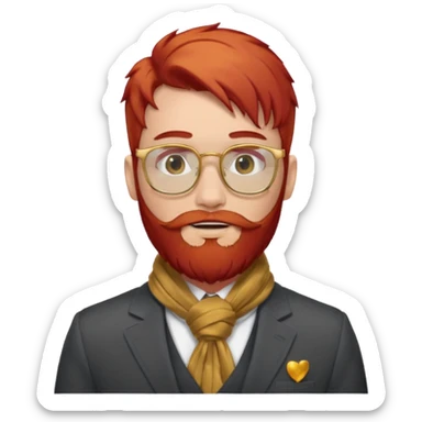 gray scarf, male,  beard, red hair, with suit, gold glasses sticker