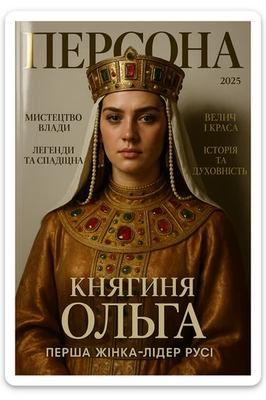 Create a glamorous, ultra-realistic magazine cover titled "Персона"
The cover features Princess Olga from the downloaded image.
The cover design should be bright with elegant typography.
Add the title: "Княгиня Ольга", the subtitle: "Перша жінка-лідер Русі", and the release date: "2025".
Include additional subheadings and a well-thought-out layout.
Premium lighting, dramatic shadows, rich colour correction, glossy paper texture, minimalist background, focus on the character and typography in the spirit of glossy publications. sticker