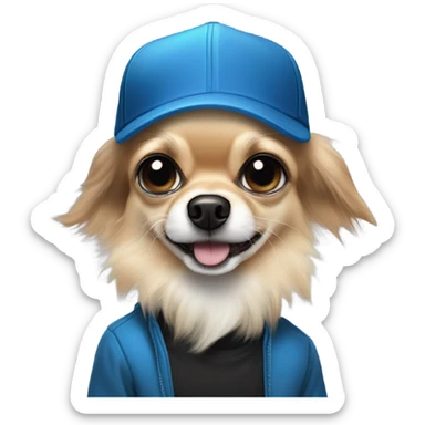 cute all black long haired Chihuahua being held by old blue eyes man with goatee and ball cap sticker