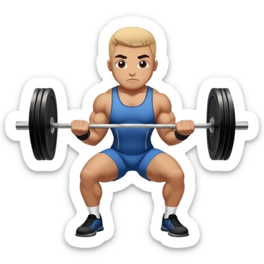 Powerlifter lifting a heavy barbell in a dramatic display of strength, muscles flexing under the pressure. The focus is on the lifter's intense effort and the heavy weights on each side. The background features a gym with weights and equipment, emphasizing the raw power of the sport.  sticker