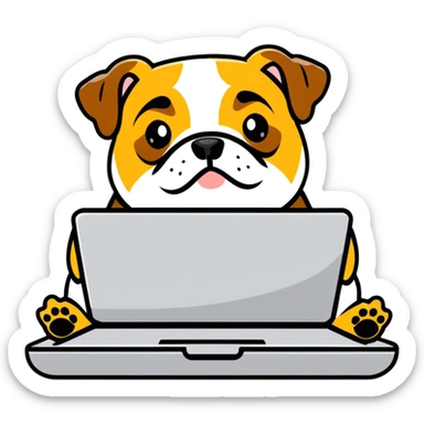 English bulldog with a laptop sticker