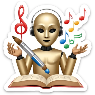 A metallic humanoid figure whose torso is a circle divided into 4 clear segments, each segment containing a distinct icon: paintbrush (visual arts), music note (musical arts), theater masks (theatrical arts), and an open book (literary arts) sticker