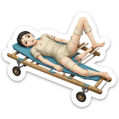 human figure, oriental appearance, full length, lying down, with injuries on an old stretcher, 1980 sticker