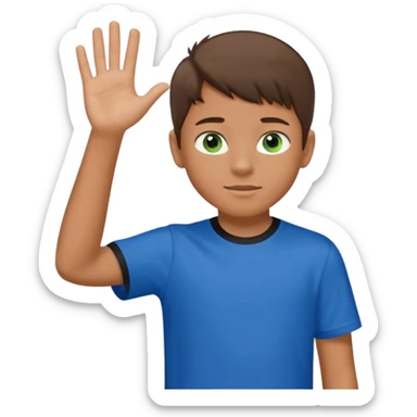 Boy 10 years old, with overgrown brown hair,with a with black and green eyes in a blue T-shirt, waves his hand sticker