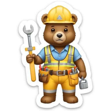 Bear wearing a yellow construction hard hat and tool belt sticker