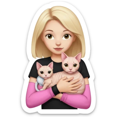 A white girl with light hair in black T-shirt is holding a Sphynx girl cat in her arms sticker