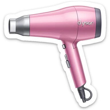 A pink Dyson Supersonic hair dryer, slight angle, realistic style, Features the distinctive hollow circular head with the barrel running through the center, sleek modern design, glossy pink finish with metallic silver accents on the nozzle ring. Compact proportions , clean lines, slight shading  sticker