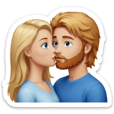 Beautiful, long hair blonde girl with bright blue eyes, looking at and kissing reddish-browish hair, blue eyed white guy with reddish-brownish-scruffy beard sticker