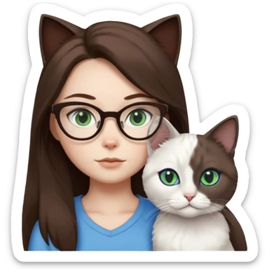 O fata cu parul saten lung ,ochii gri-albastrii ,ochelari și codițe de pisica ..și langa o pisicuță total  alba pufoasa ,cu ochii verzi și o a doua pisica siameza pufoasa cu capul maro inchis-negru și coada ,restul corpului un maro deschis spre alb  cu ochii albaștrii. sticker