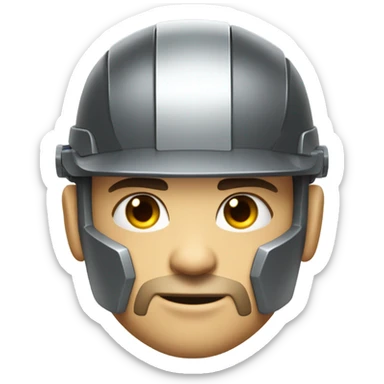 muscular cyborg robot face half human with short straight, dark hair, hardhat, and a neatly trimmed beard sticker