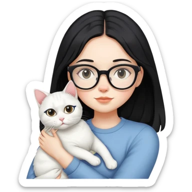 a girl with black mid length hair, clear specs and a white cat in her arms sticker