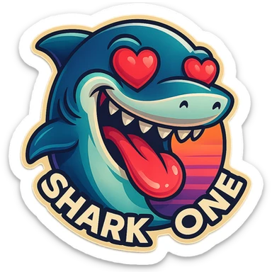 mouth open with tongue out heart shaped eye add the words “ Shark One " in White sticker