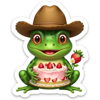 Frog with a cowboy hat on and he’s blushing and holding a strawberry cake sticker